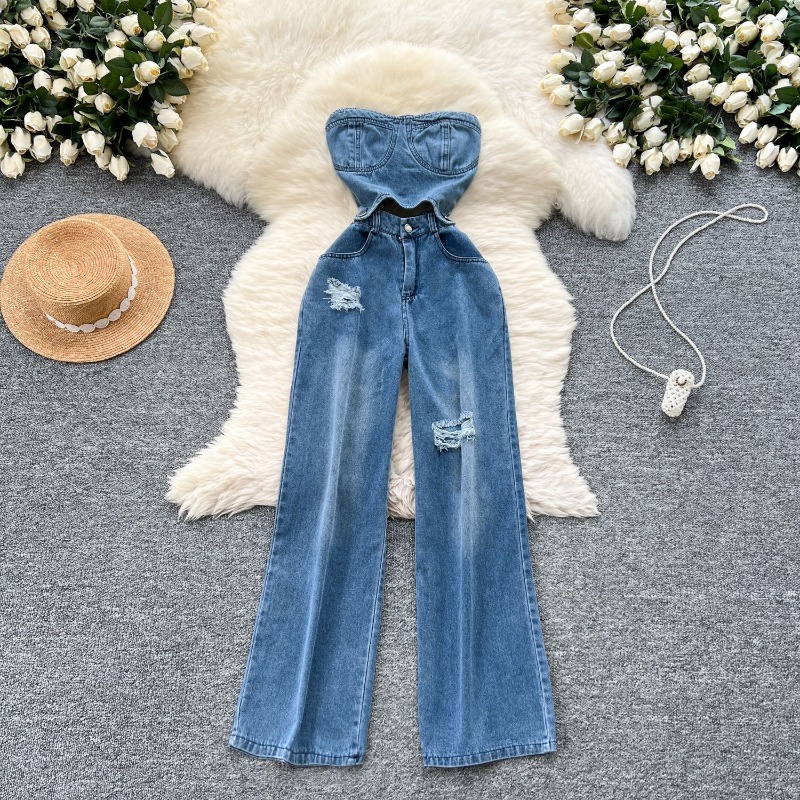 Women'S Shoes Wide Width - 데님 점프수트 여성 원피스 스트랩리스 민소매