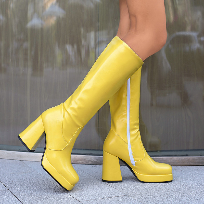 Women'S Shoes Yellow - 연노랑 진빨강 스퀘어토 청키 하이힐 지퍼
