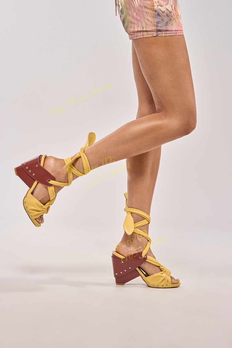 옐로우 인조가죽 레이스업 스트랩 샌들 오픈토 스파이크  - Women'S Shoes Yellow 리뷰 및 가격