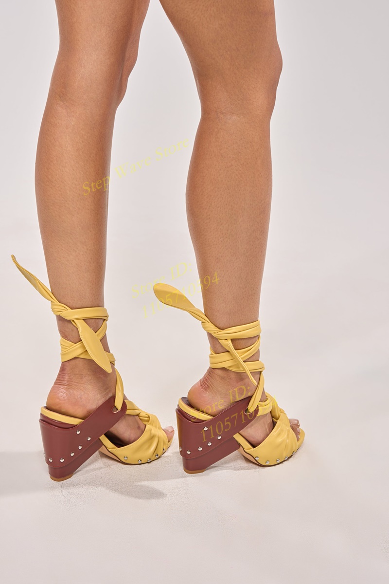 옐로우 인조가죽 레이스업 스트랩 샌들 오픈토 스파이크  - Women'S Shoes Yellow 리뷰 및 가격