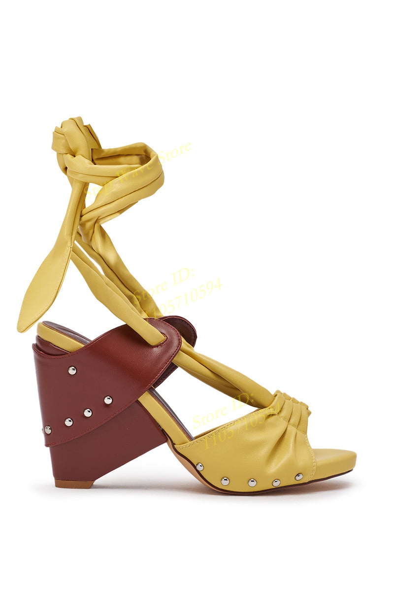 옐로우 인조가죽 레이스업 스트랩 샌들 오픈토 스파이크  - Women'S Shoes Yellow 리뷰 및 가격
